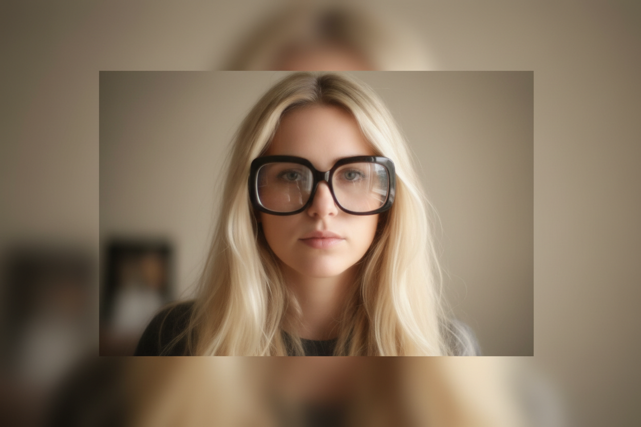 Eine junge Frau mit blondem Haar trägt eine große, schwarze Brille und blickt direkt in die Kamera.